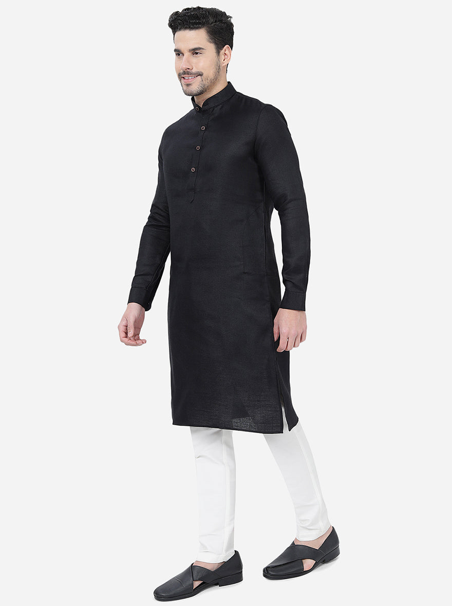 Black Self Textured Regular Fit Modi Kurta | JadeBlue