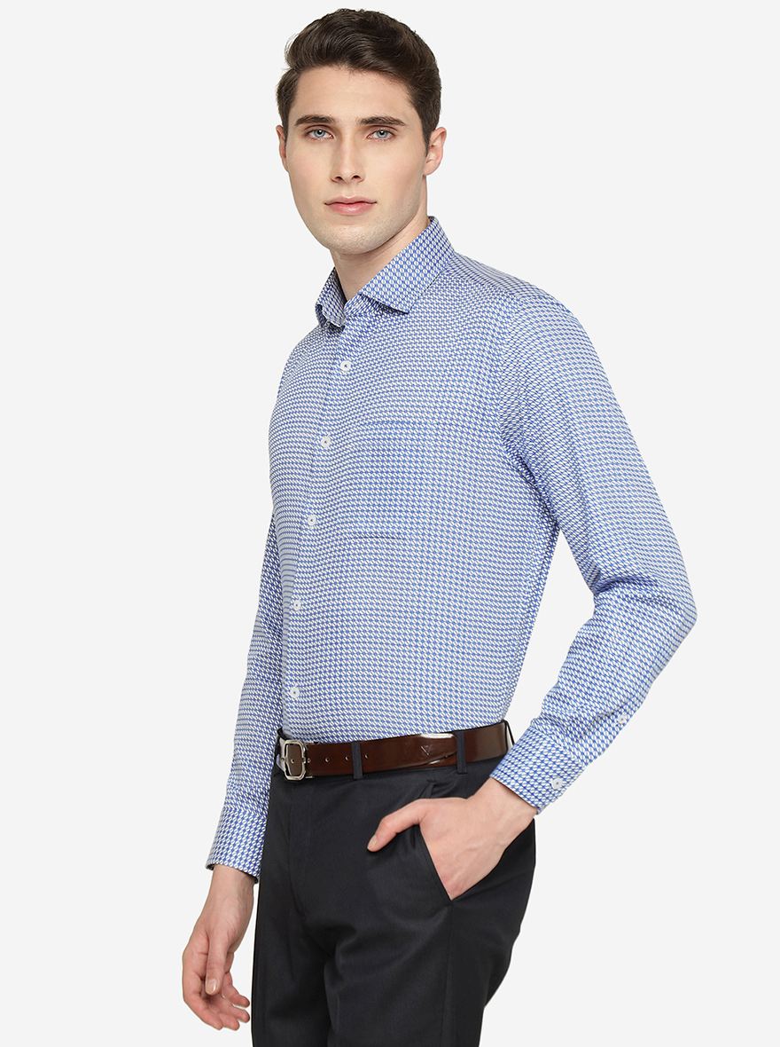 White & Blue Printed Regular Fit Formal Shirt | JadeBlue