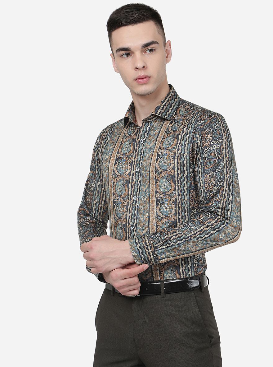 Blue Printed Slim Fit Party Wear Shirt | Wyre