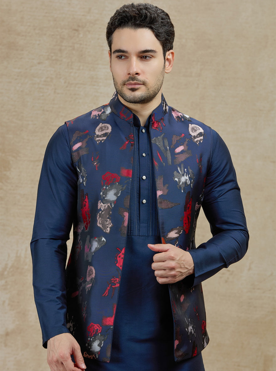 Blue & Red Printed Kurta Pajama with Koti | TULA