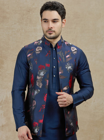 Blue & Red Printed Kurta Pajama with Koti | TULA