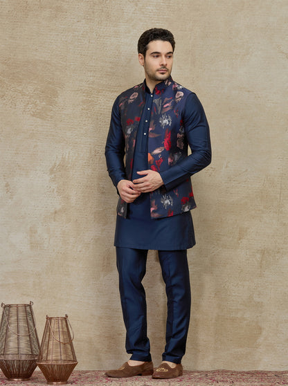 Blue & Red Printed Kurta Pajama with Koti | TULA