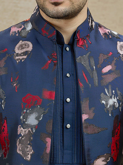 Blue & Red Printed Kurta Pajama with Koti | TULA