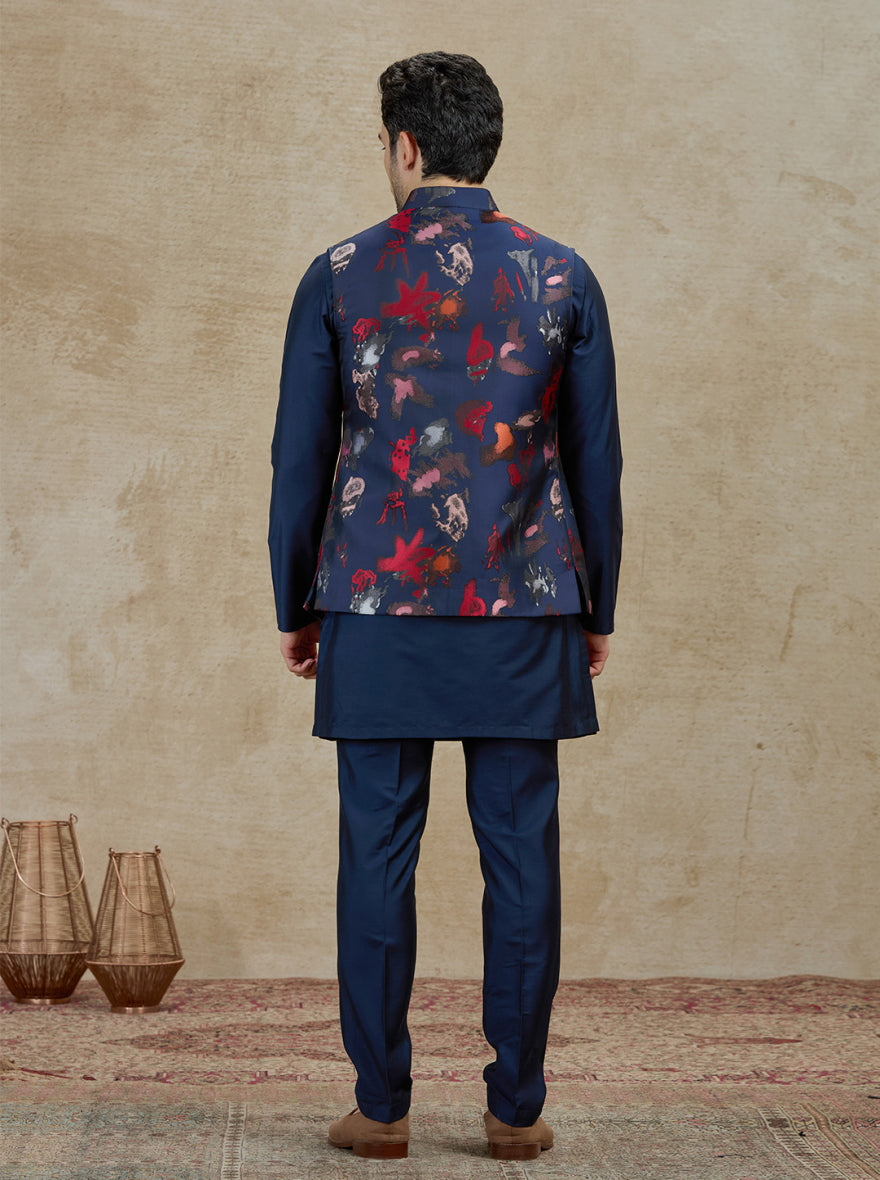 Blue & Red Printed Kurta Pajama with Koti | TULA