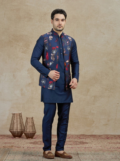 Blue & Red Printed Kurta Pajama with Koti | TULA