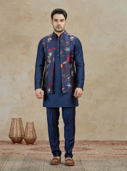 Blue & Red Printed Kurta Pajama with Koti | TULA