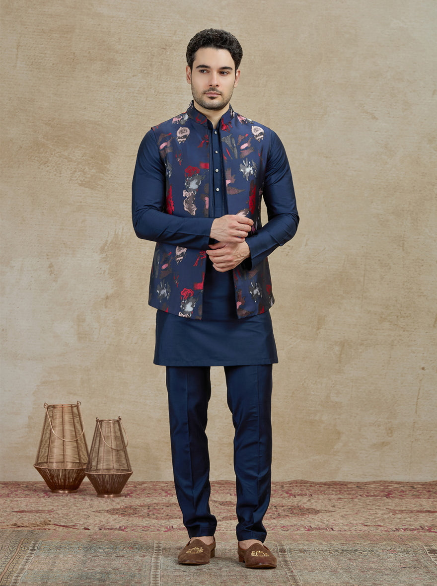 Blue & Red Printed Kurta Pajama with Koti | TULA