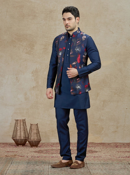 Blue & Red Printed Kurta Pajama with Koti | TULA