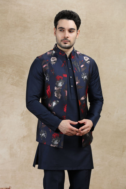 Blue & Red Printed Kurta Pajama with Koti | TULA