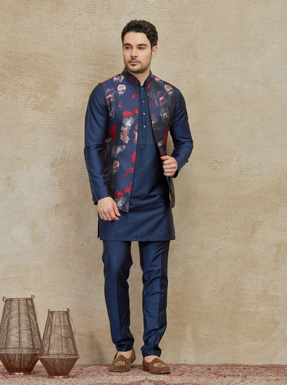 Blue & Red Printed Kurta Pajama with Koti | TULA