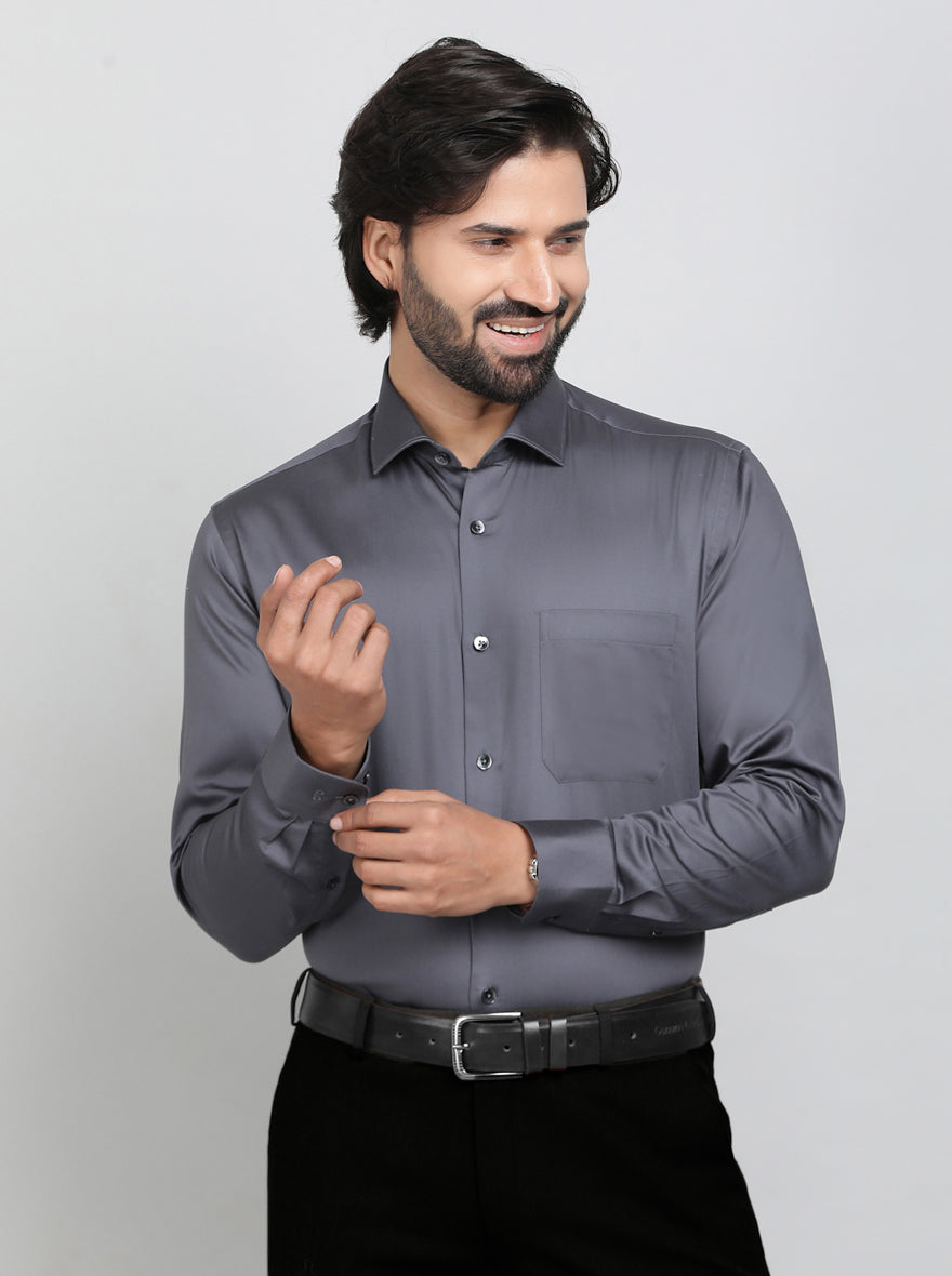 Dark Grey Solid Slim Fit Formal Shirt | Metal