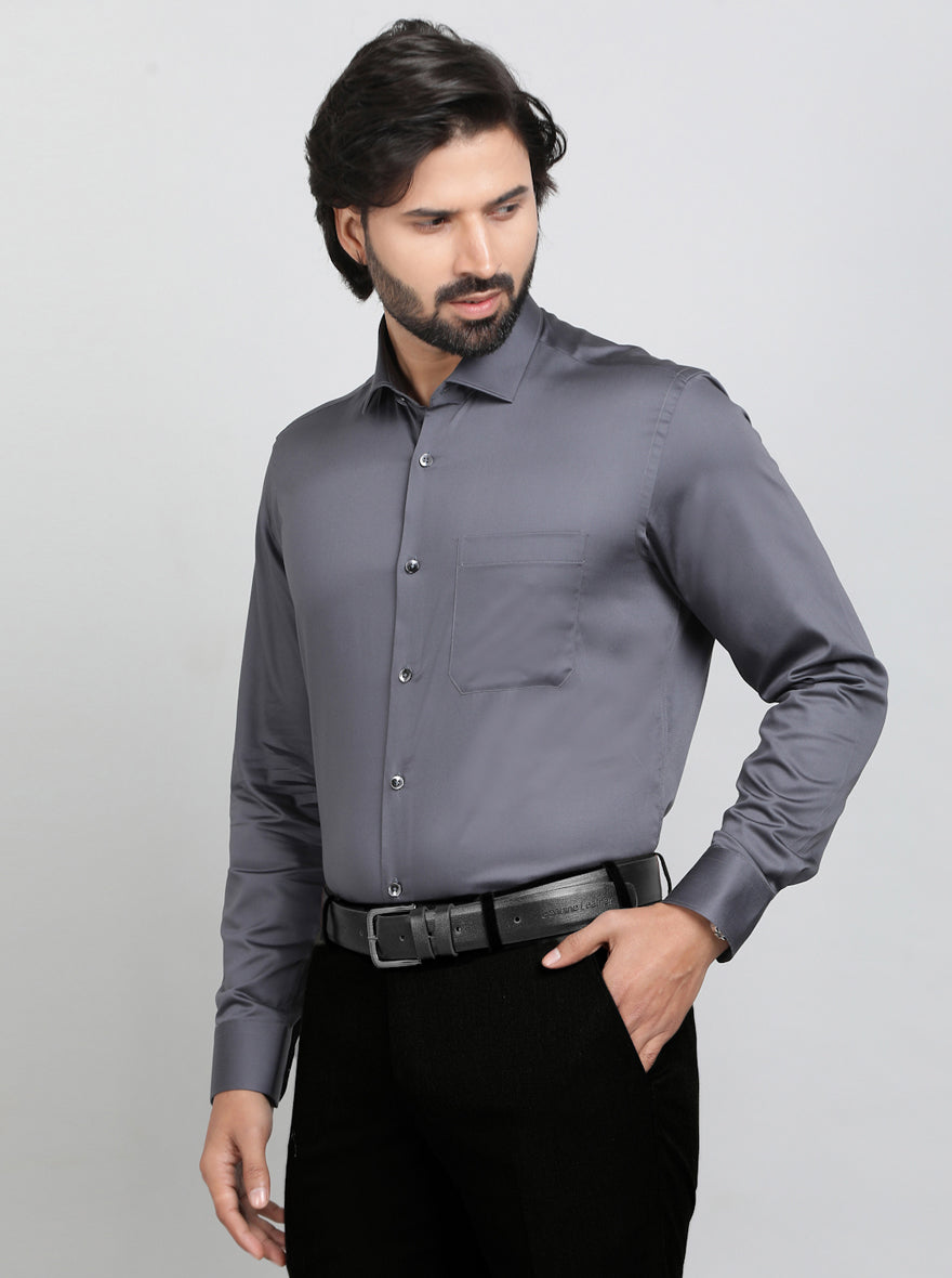 Dark Grey Solid Slim Fit Formal Shirt | Metal