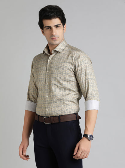Golden Grey Printed Slim Fit Formal Shirt | Metal