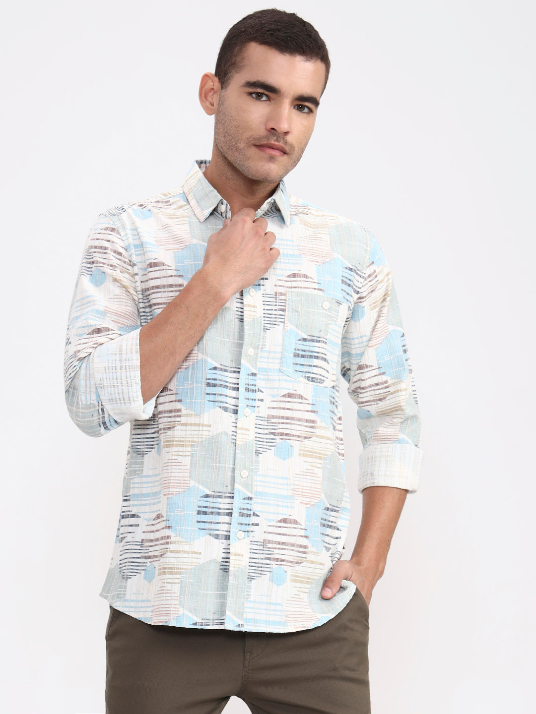 Sky Blue Printed Slim Fit Casual Shirt | JadeBlue