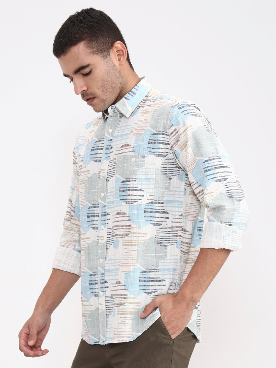 Sky Blue Printed Slim Fit Casual Shirt | JadeBlue