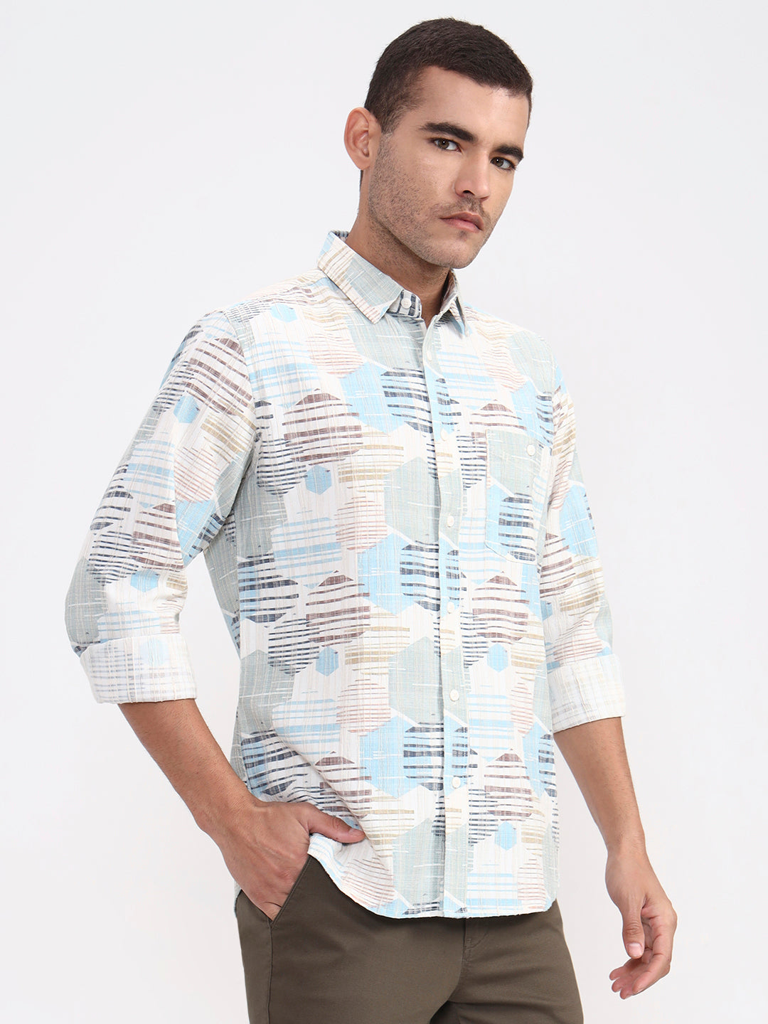 Sky Blue Printed Slim Fit Casual Shirt | JadeBlue