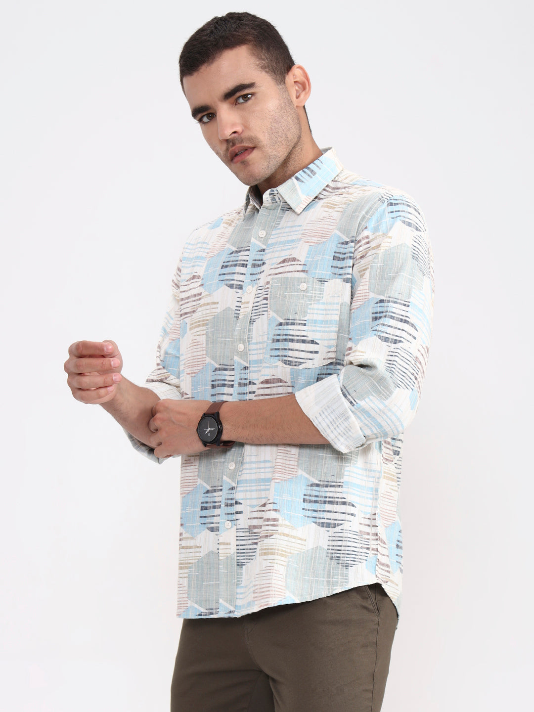 Sky Blue Printed Slim Fit Casual Shirt | JadeBlue