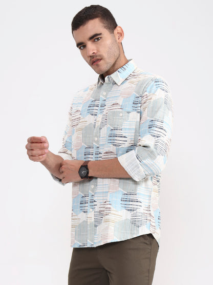 Sky Blue Printed Slim Fit Casual Shirt | JadeBlue