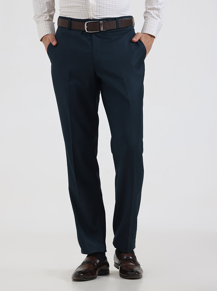 Petrol Blue Solid Slim Fit Formal Trouser | JadeBlue