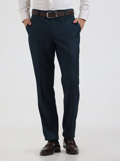 Petrol Blue Solid Slim Fit Formal Trouser | JadeBlue