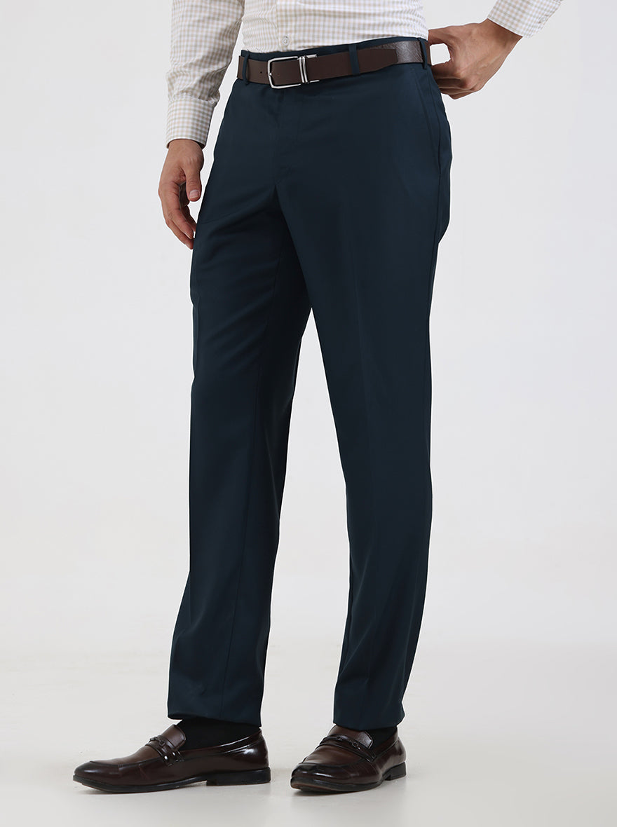 Petrol Blue Solid Slim Fit Formal Trouser | JadeBlue