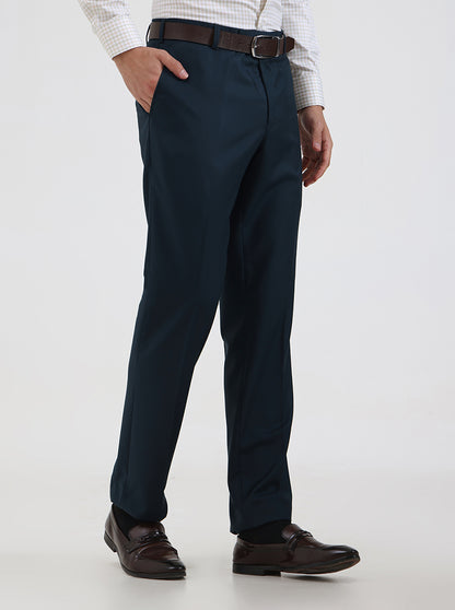 Petrol Blue Solid Slim Fit Formal Trouser | JadeBlue