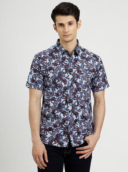 Sea Blue Printed Slim Fit Casual Shirt | Greenfibre