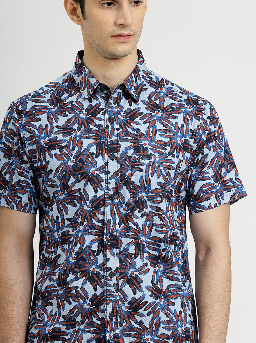 Sea Blue Printed Slim Fit Casual Shirt | Greenfibre