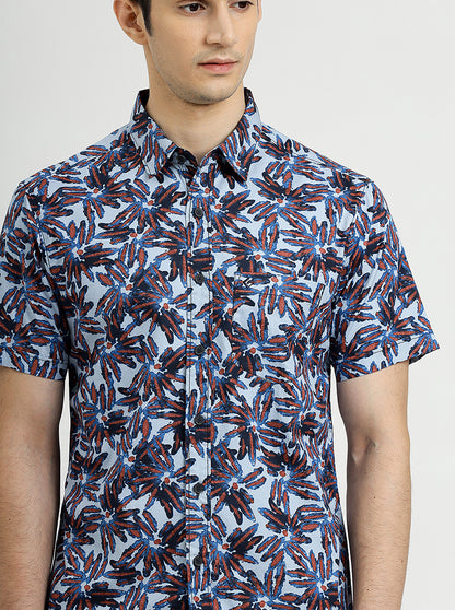 Sea Blue Printed Slim Fit Casual Shirt | Greenfibre