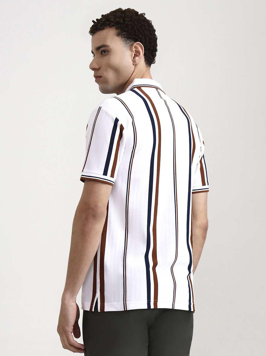 White & Rust Striped Slim Fit Polo T-Shirt | Greenfibre