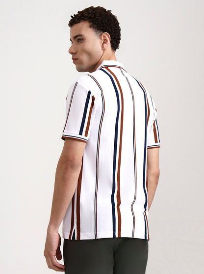 White & Rust Striped Slim Fit Polo T-Shirt | Greenfibre