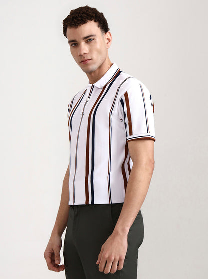 White & Rust Striped Slim Fit Polo T-Shirt | Greenfibre