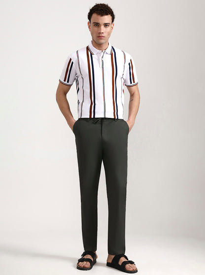 White & Rust Striped Slim Fit Polo T-Shirt | Greenfibre
