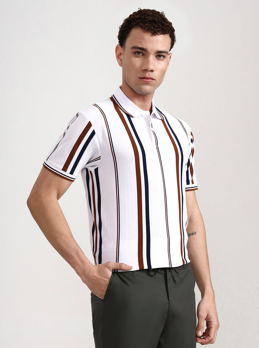 White & Rust Striped Slim Fit Polo T-Shirt | Greenfibre