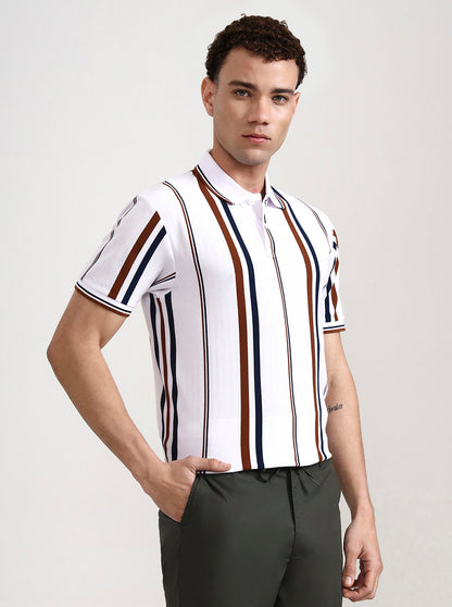 White & Rust Striped Slim Fit Polo T-Shirt | Greenfibre