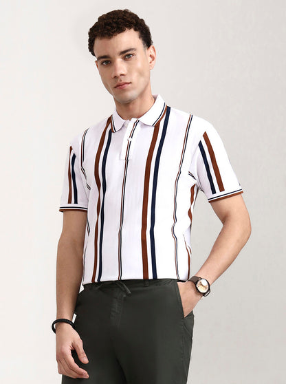 White & Rust Striped Slim Fit Polo T-Shirt | Greenfibre