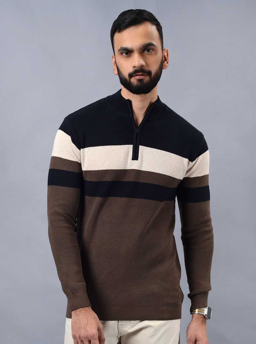Brown Striped Slim Fit Winter T-Shirt | JadeBlue
