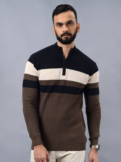 Brown Striped Slim Fit Winter T-Shirt | JadeBlue