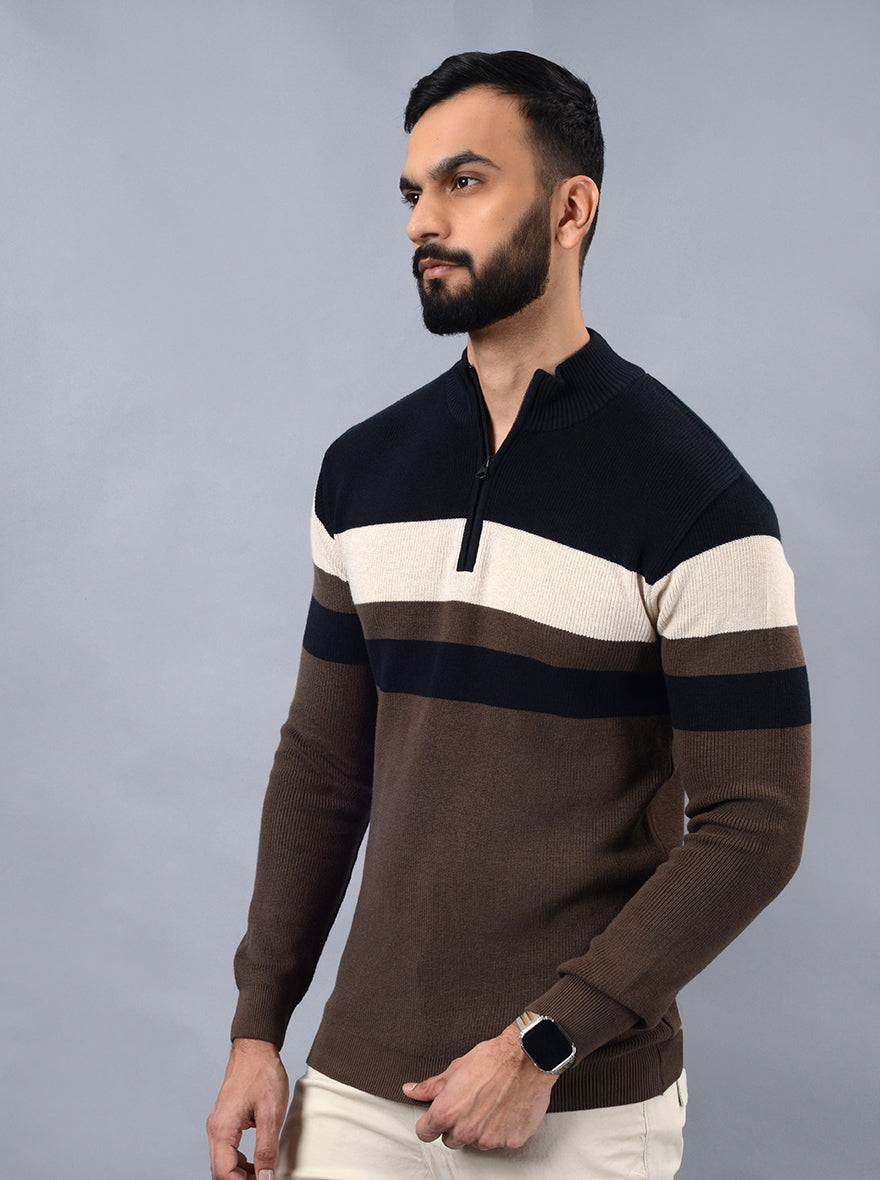 Brown Striped Slim Fit Winter T-Shirt | JadeBlue