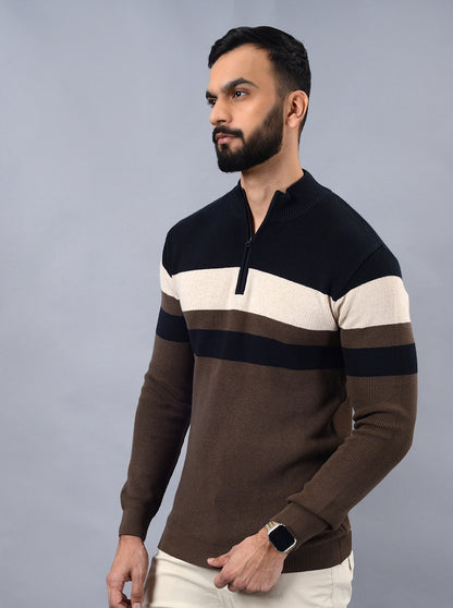 Brown Striped Slim Fit Winter T-Shirt | JadeBlue