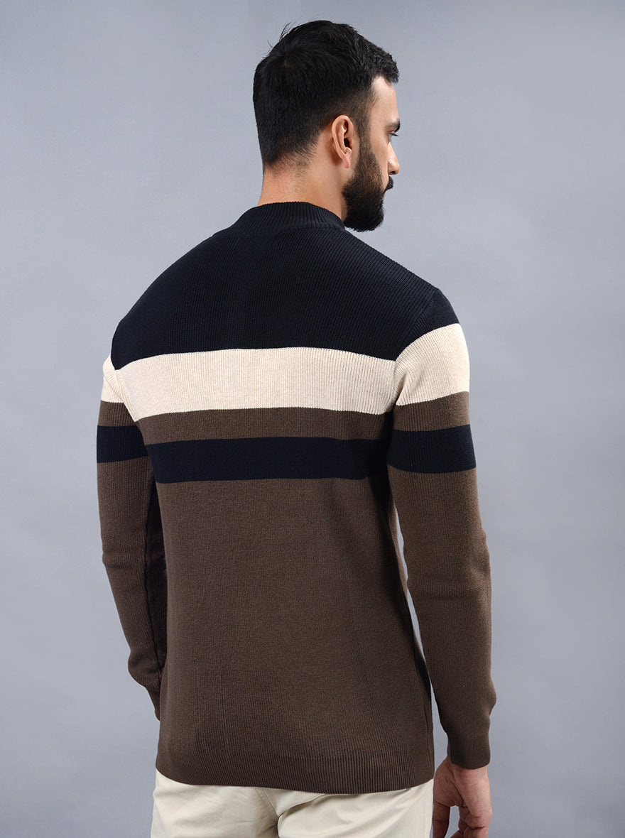Brown Striped Slim Fit Winter T-Shirt | JadeBlue