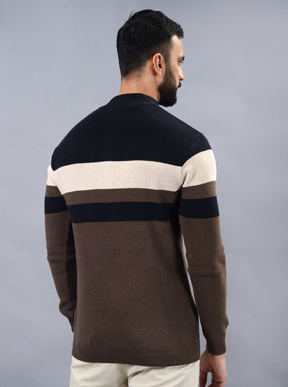 Brown Striped Slim Fit Winter T-Shirt | JadeBlue