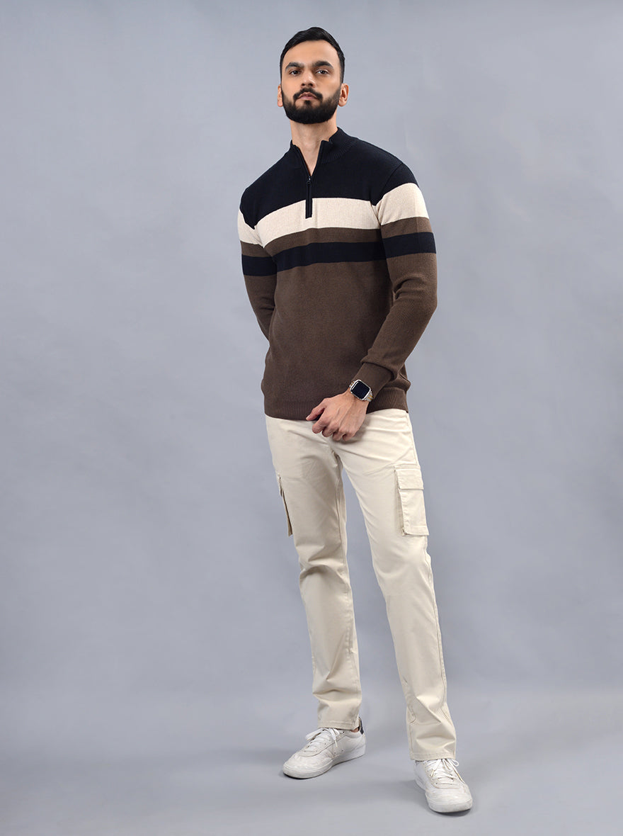 Brown Striped Slim Fit Winter T-Shirt | JadeBlue
