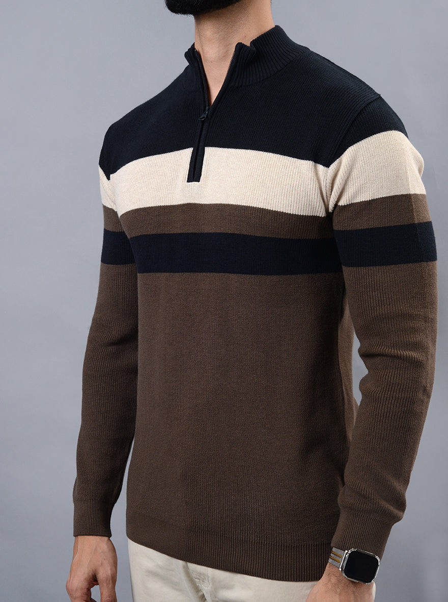 Brown Striped Slim Fit Winter T-Shirt | JadeBlue