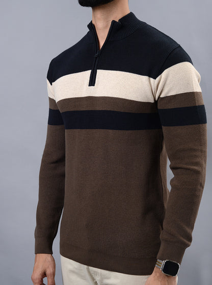 Brown Striped Slim Fit Winter T-Shirt | JadeBlue