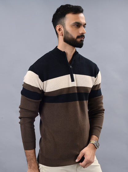 Brown Striped Slim Fit Winter T-Shirt | JadeBlue
