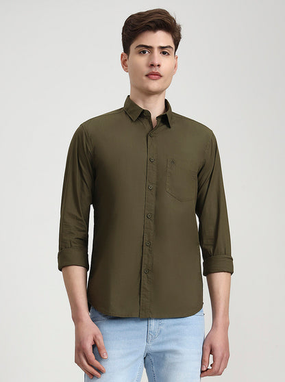 Olive Green Solid Slim Fit Casual Shirt | Greenfibre