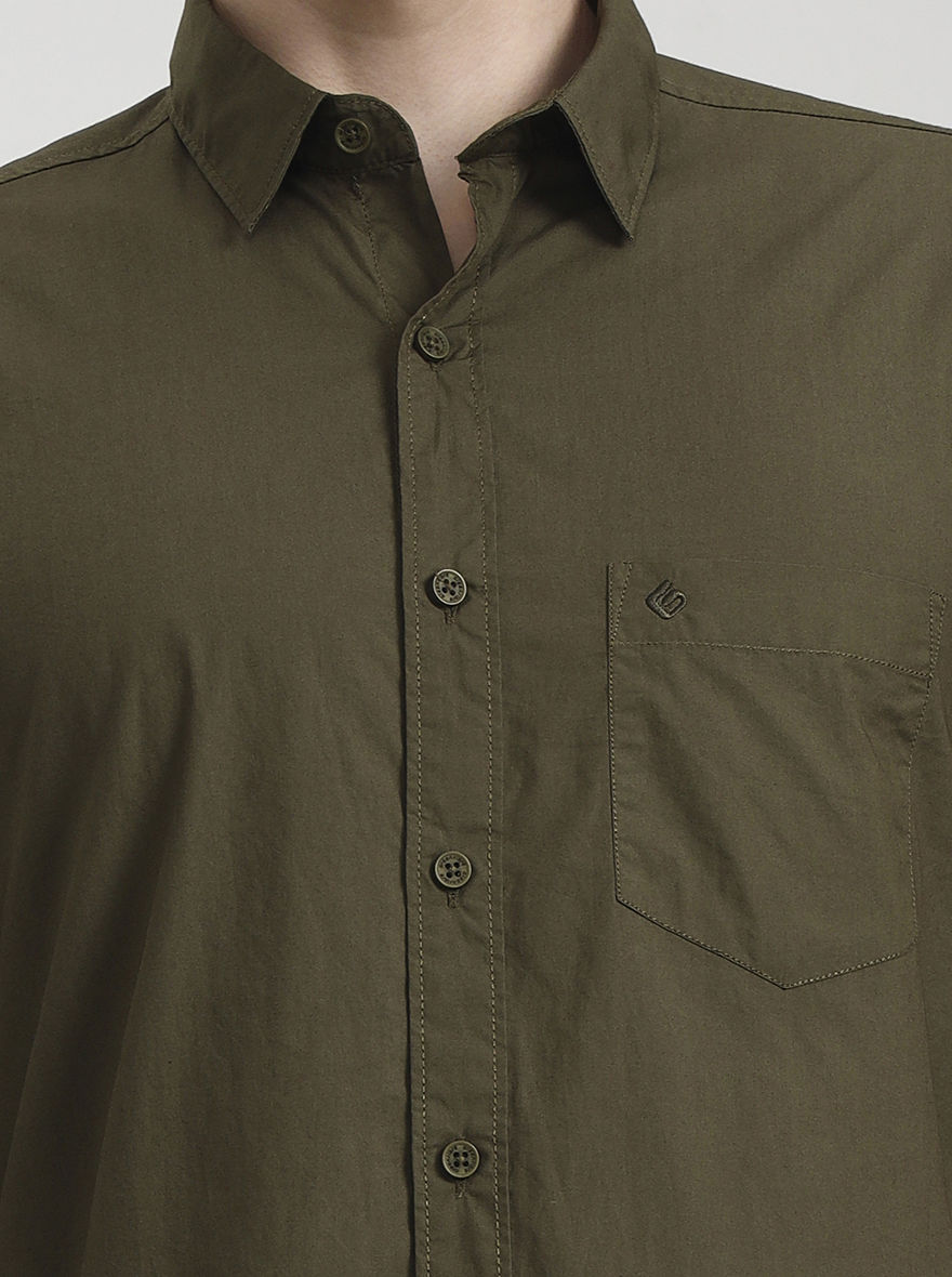Olive Green Solid Slim Fit Casual Shirt | Greenfibre