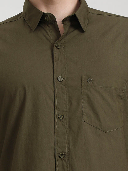 Olive Green Solid Slim Fit Casual Shirt | Greenfibre