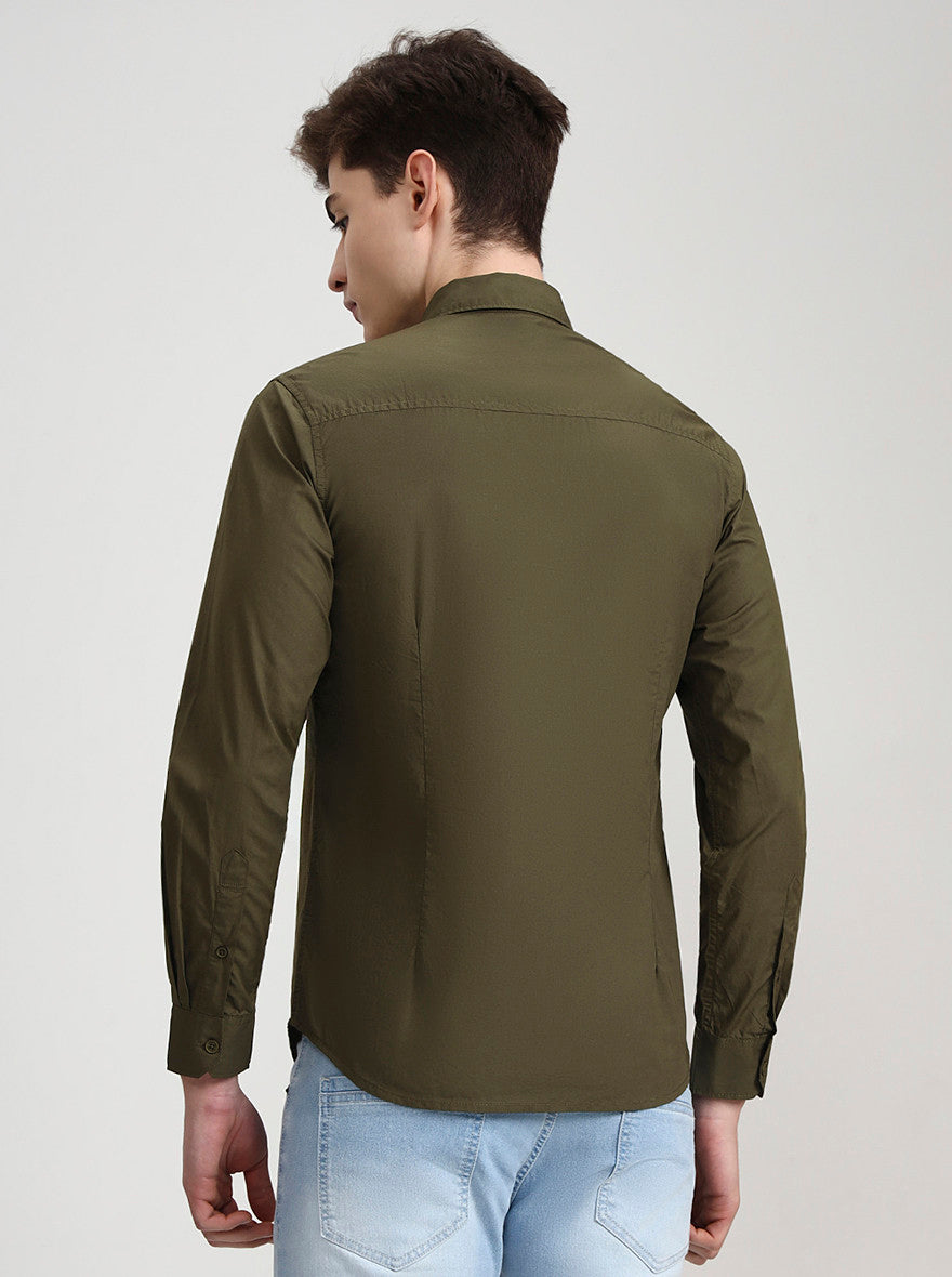 Olive Green Solid Slim Fit Casual Shirt | Greenfibre